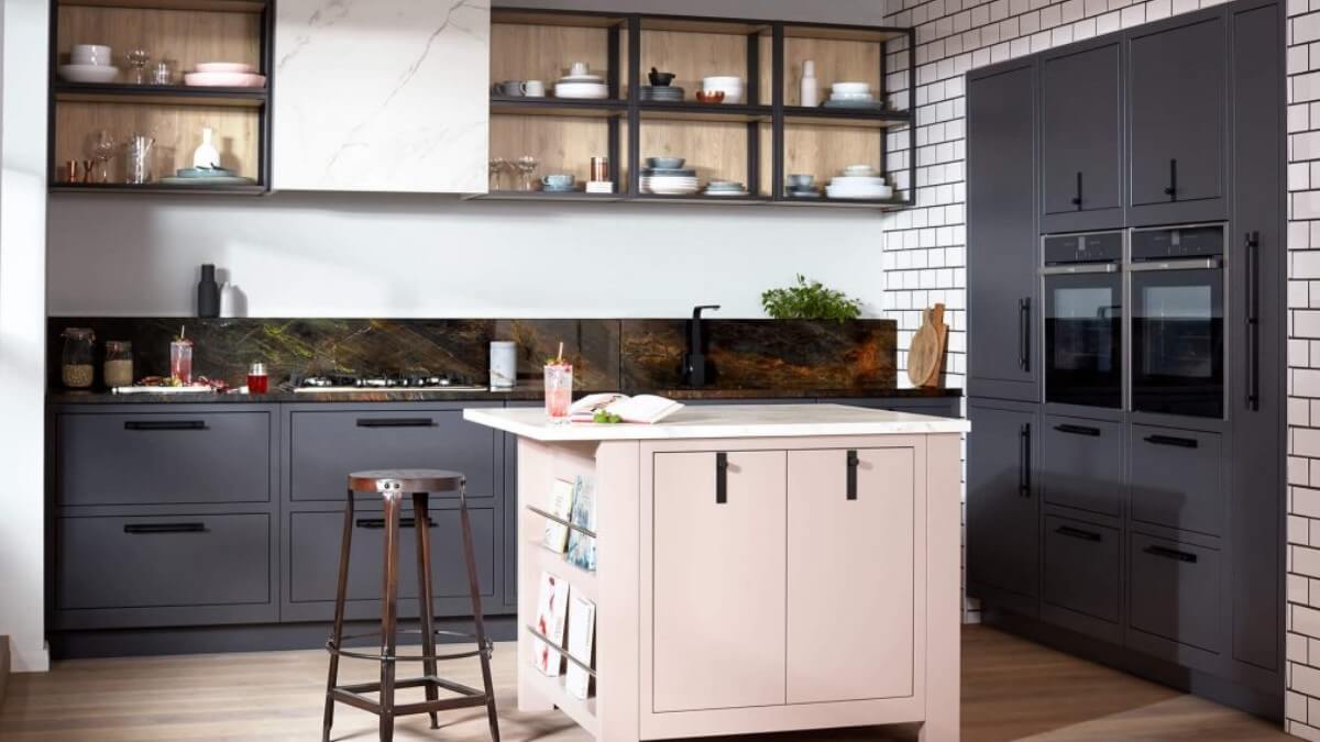 grey and pink kitchen